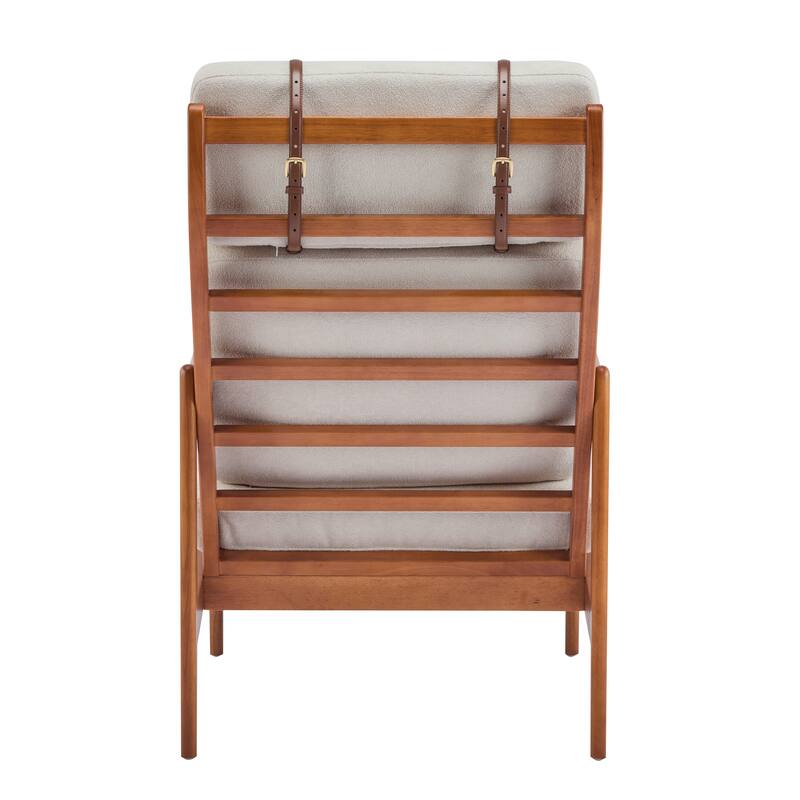 Mid Century Modern Accent Armchair, Solid Wood Frame with High Back, Beige Upholstered Cushions, Ergonomic Lounge Chair