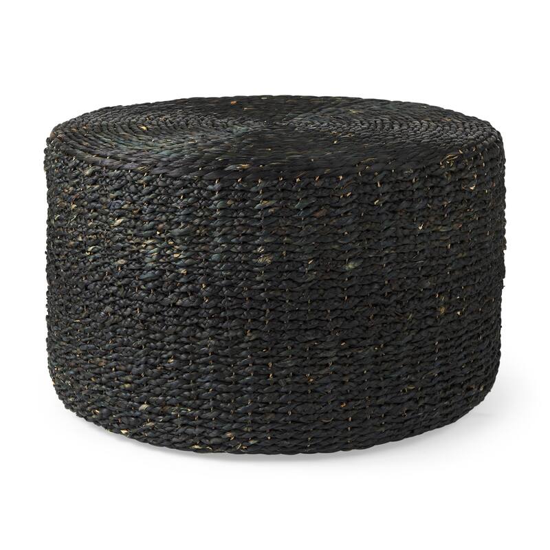 Mercana "Dina" Black Cornhusk & Water Hyacinth Round Square Pouf - Oversized