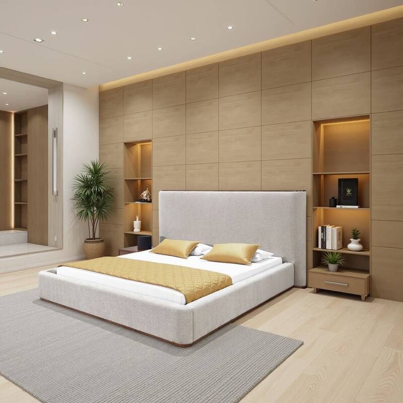 Orion Queen Size Bed with Built-In Storage Drawer, Medium Gray Fabric