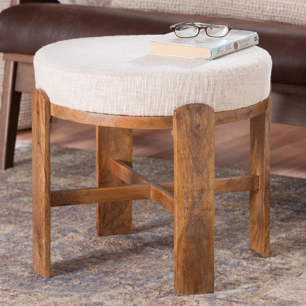 Whitfield Round Fabric Ottoman Stool - Modern Accent Seating or Footstool with Upholstered Cushion and Mango Wood Frame