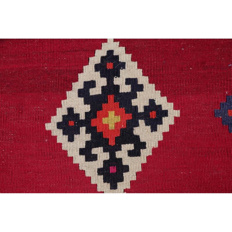 Hand Woven Oriental 100% Wool Carpet Southwestern Geometric Red Kilim Runner Rug - 8' 7'' X 4' 5''