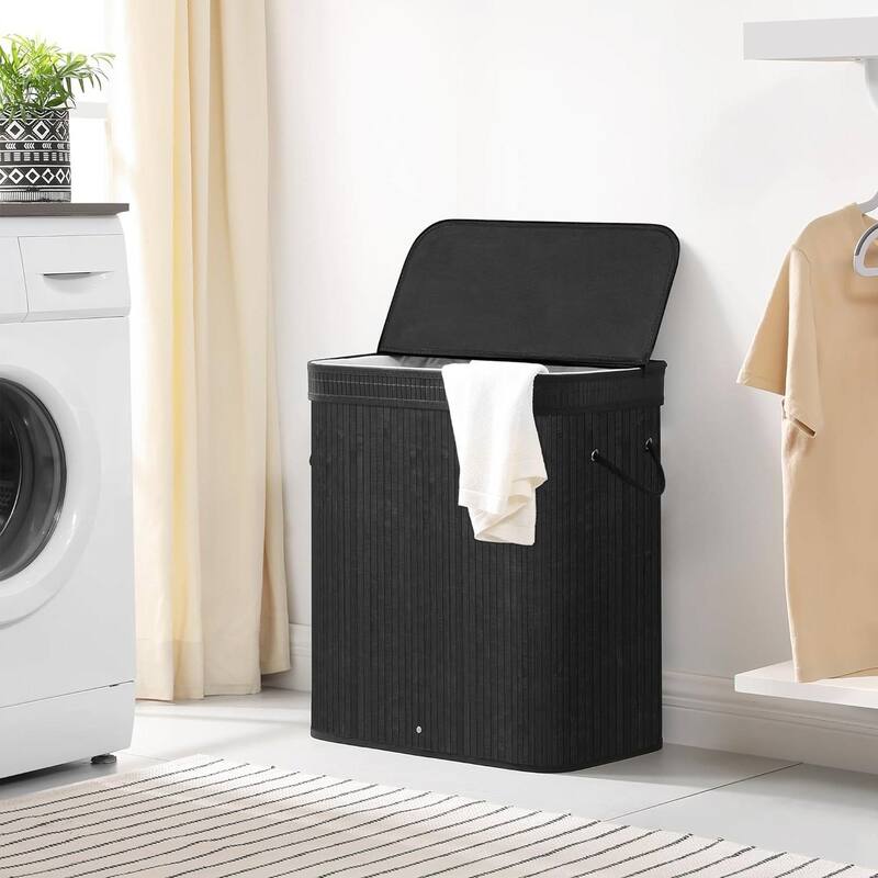 Black Wicker Laundry Hamper with Lid and Handles 26-Gallon Basket with Removable Liner Bag - 20.5"L x 12.7"W x 24"H