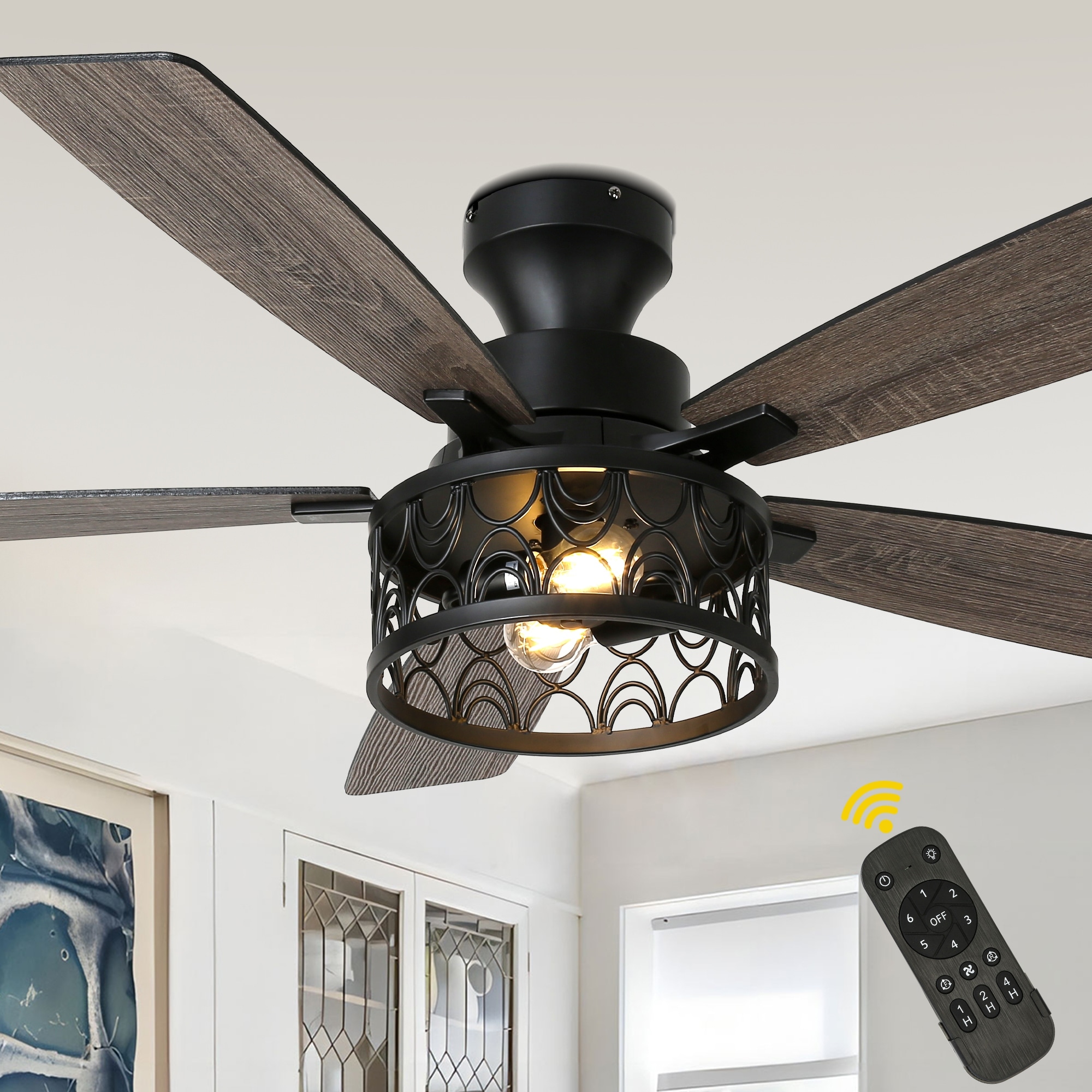Bella Depot 52" Black Industrial Flush Mount Ceiling Fan with Light and Remote 6-speed Reversible DC Motor.
