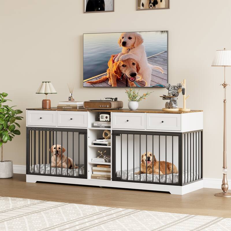 Double Dog Crate Furniture, Large Wooden Dog House with 4 Drawers