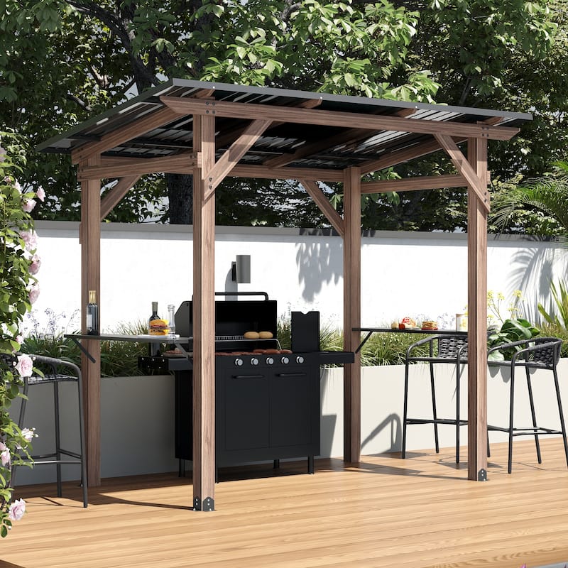 Outdoor Cedar Wood BBQ Grill Gazebo with Steel Hardtop Roof and Dual Side Bar Shelves