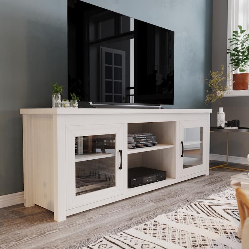 Classic TV Stand for up to 80" TVs-Glass Fronted Doors-Modern Finish - 65"W x 16"D x 23.625"H - White Wash