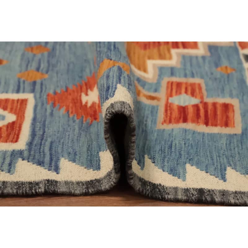 Hand Woven Oriental 100% Wool Carpet Southwestern Tribal Navy Blue & Blues Kilim Area Rug - 8' 2'' X 4' 11''