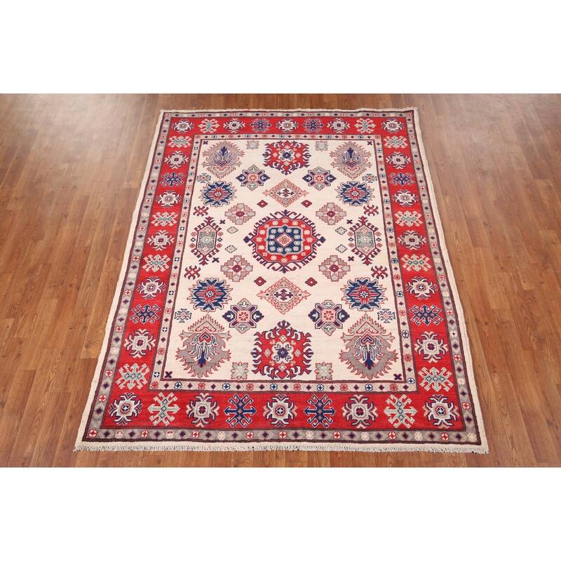 Geometric Kazak Area Rug Hand-Knotted Bedroom Beige Wool Carpet - 5'2" x 6'7"