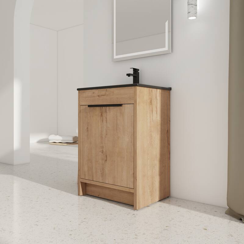 Freestanding Vanity with Black Ceramic Sink, Adjustable Shelf, Soft Closing Hinges, and Metal Handle - 24in L Plywood