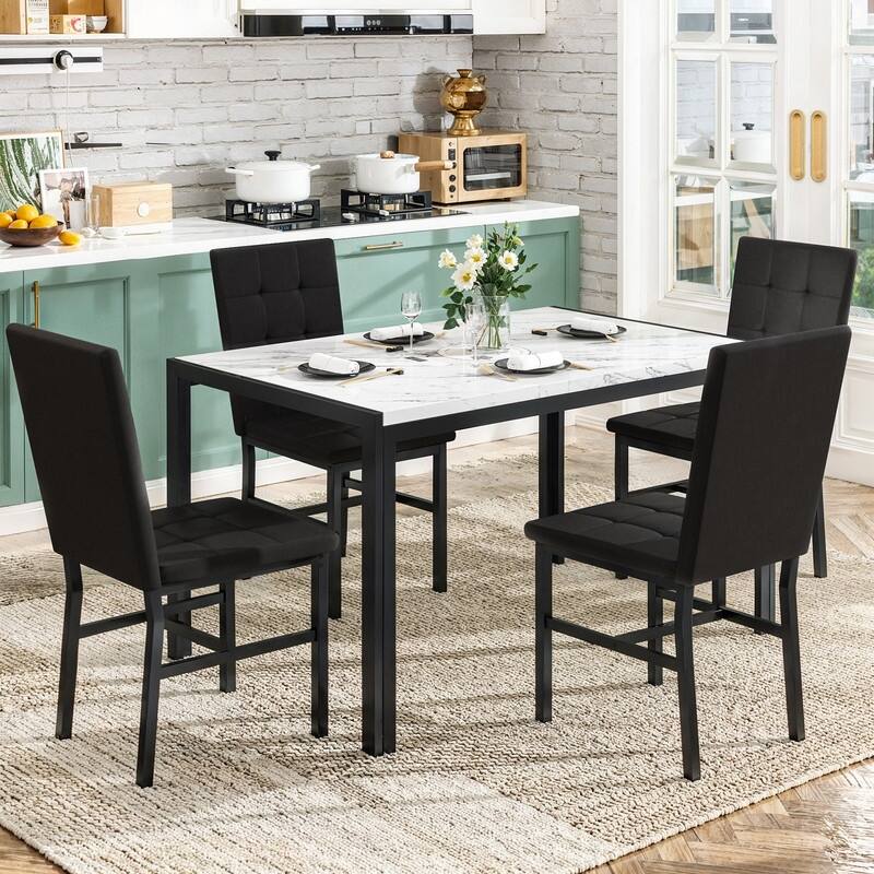 Grondin Faux Marble Kitchen Table And Chairs Set for 4, Modern Dining Room Table With 4 Armless Upholstered Dining Chairs