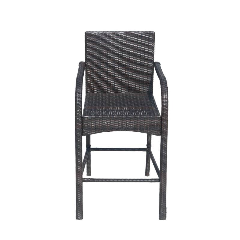 Outdoor Barstool Chair Set of 2, Gray Woven Faux Rattan, Iron Frame