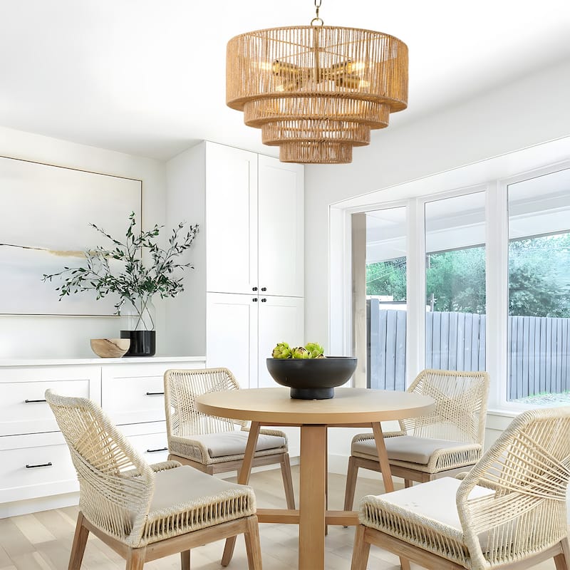 4-Light Dimmable Hand-Woven Rattan Tiered Chandelier