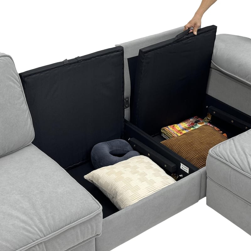 Upholstered L-Shaped Sectional Sofa Couch with Ottoman, Modern Fabric Deep Seat Sofa