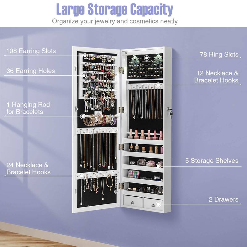 Costway Mirror Jewelry Cabinet with Full Length Clear Mirror & - 14.5" x 4" x 48.5"/50.5" (L x W x H)