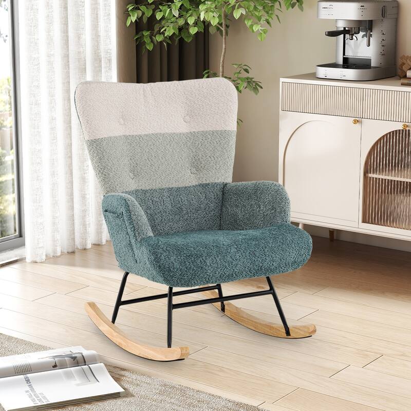 Multi-Color Boucle Sponge Rubber Wood Rocking Chair with Side Pocket - 33" x 27" x 35"