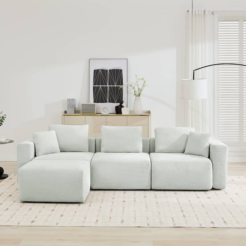 Corduroy Sectional Modular Sofa with Square Arms & Ottoman Extension for Flexible Arrangements