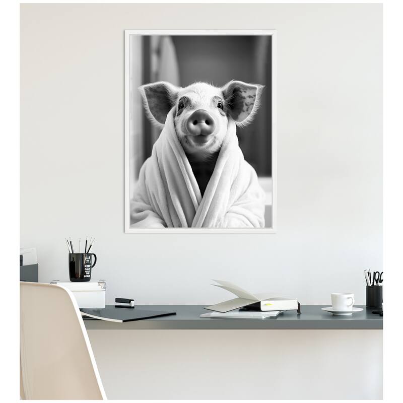 Kate and Laurel Sylvie Pig Bathroom Art Towel Robe Black and White Framed Canvas by The Creative Bunch Studio