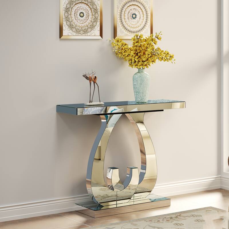 Modern Mirrored 39.37" Console Table, Glass Sofa Table with C-Shaped Base for Stylish Living Room Decor