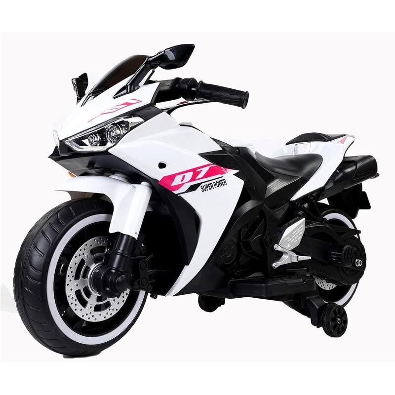 12V Kids Ride On Motorcycle,550W Electric Ride On Motorcycle with Training Wheels, Light Wheels, Manual Throttle,LED Lights - White