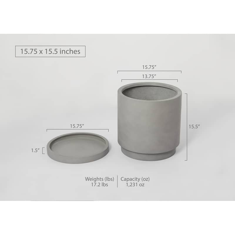 Indoor/Outdoor Large 1-Piece Nordic Minimalist Fiberstone Lightweight Round Planter Pot With Saucer - 15, 11 inch Matte Finish - 16 In. H x 15.75 In. W x 15.75 In. L - Grey