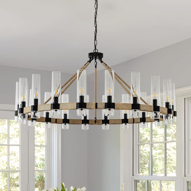 Modern Rustic Wagon Wheel Chandelier with Clear Glass Shades & Hemp Rope Accents