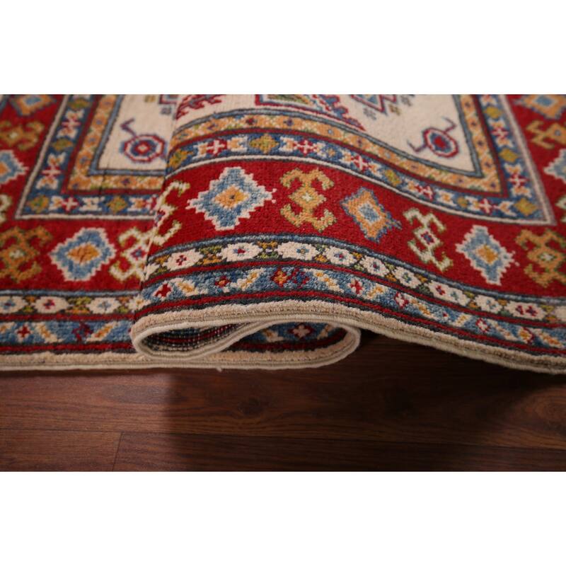 Geometric Kazak Oriental Foyer Rug Hand-Knotted Beige Wool Carpet - 2'9" x 4'3"