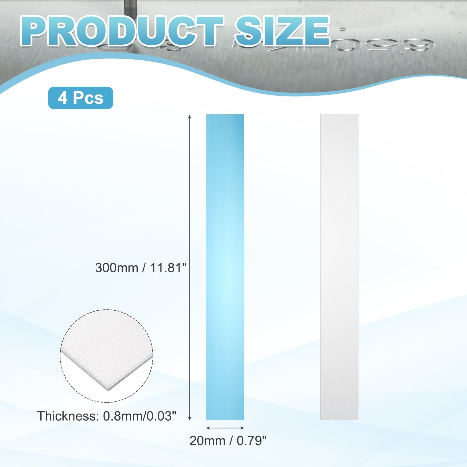 11.8" x 0.8" x 0.03" 6061 T651 Aluminum Sheet Metal(Silver, 4Pcs)