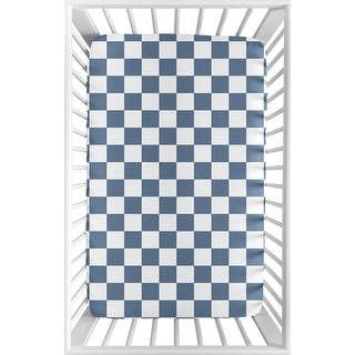 Sweet Jojo Designs Blue Gingham Checkered Plaid Boy Fitted Mini Portable Crib Sheet - Vintage, Classic, Checkerboard, Geometric