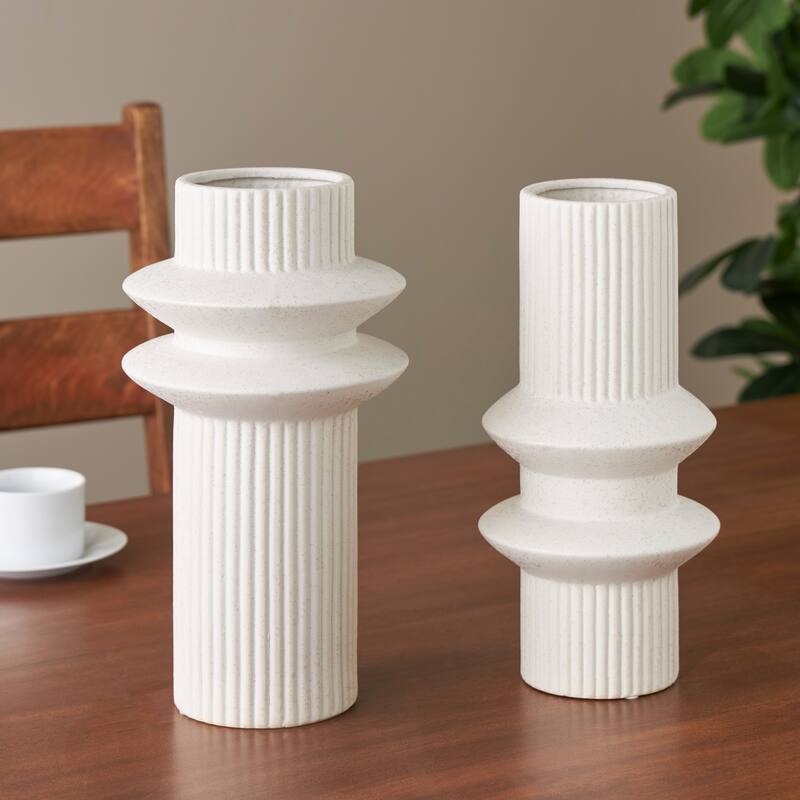 White Ceramic Ribbed Abstract Decorative Vase with Speckled Texturing (Set of 2) - White