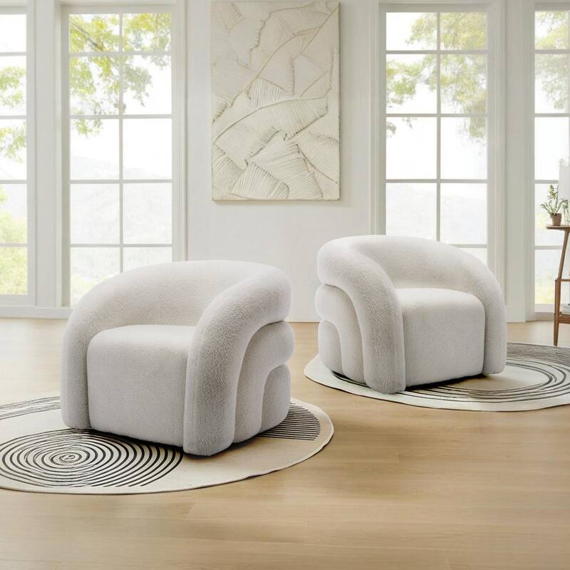 Boucle Swivel Accent Chair Round Barrel Armchair Set of 2