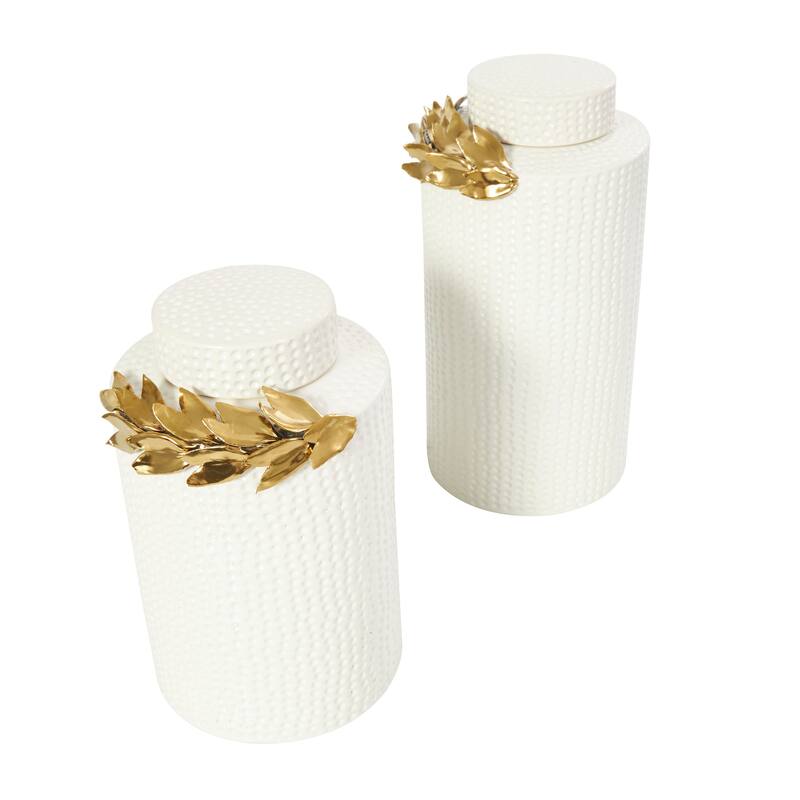 White Ceramic Living Room Decorative Jars with Abstract Spotted Pattern and Gold Leaf Accents (Set of 2)