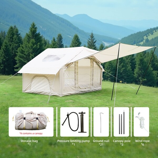 Inflatable Camping Tent with Canopy, Mesh Windows and Doors - On