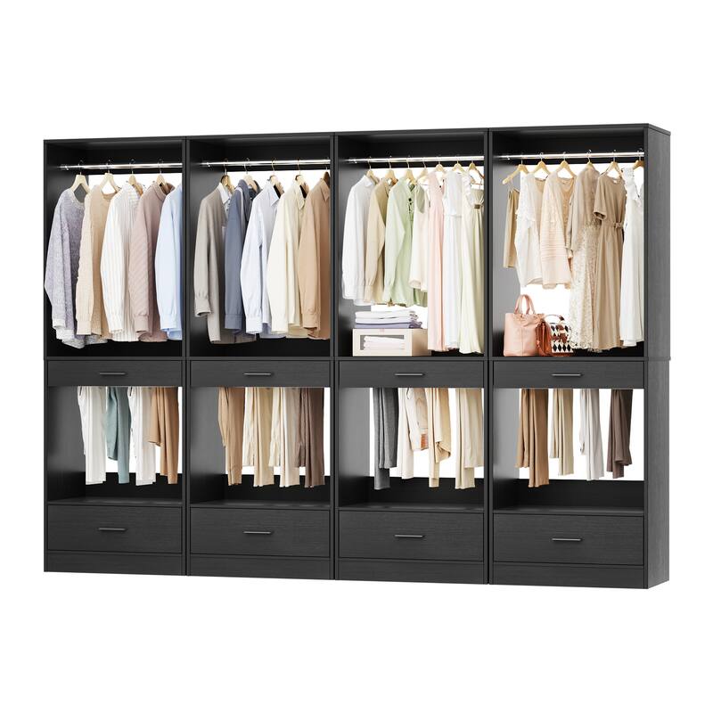 Qvella 23.6'' W Closet System with Hanging Rods and Wooden Drawers, Modular Walk-In Closet Organizer with Pants Rack
