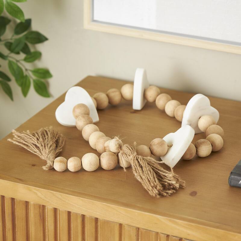 Marble Heart Handmade Garland with Tassel with Knotted Brown Jute and White Accents - Light Brown - Roche River Decor