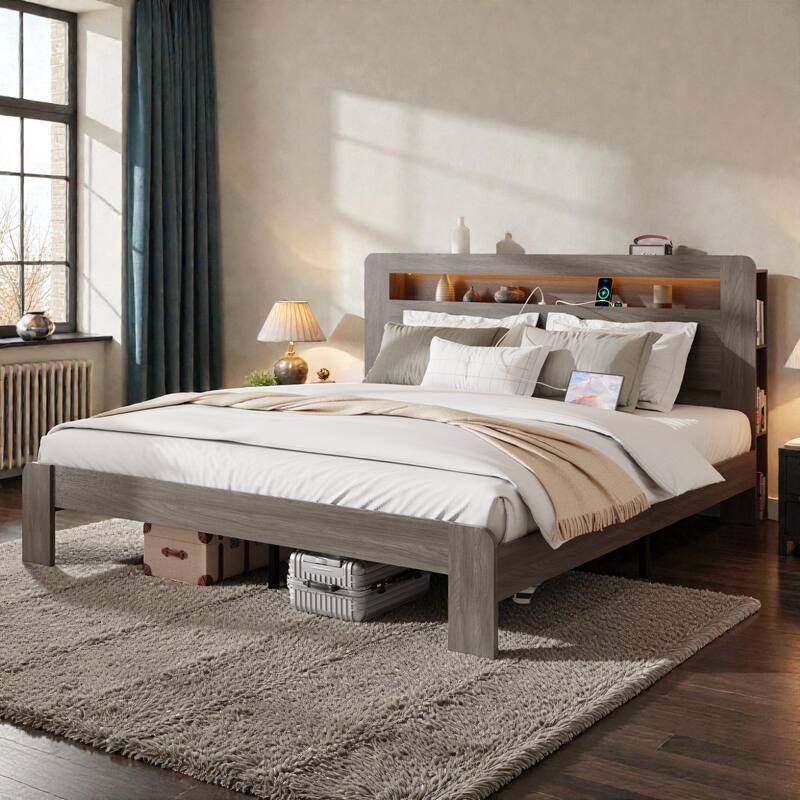 Wood Platform Bed Frame with LED Storage Headboard, USB Charging Ports, Noise-Free Design & Large Underbed Storage