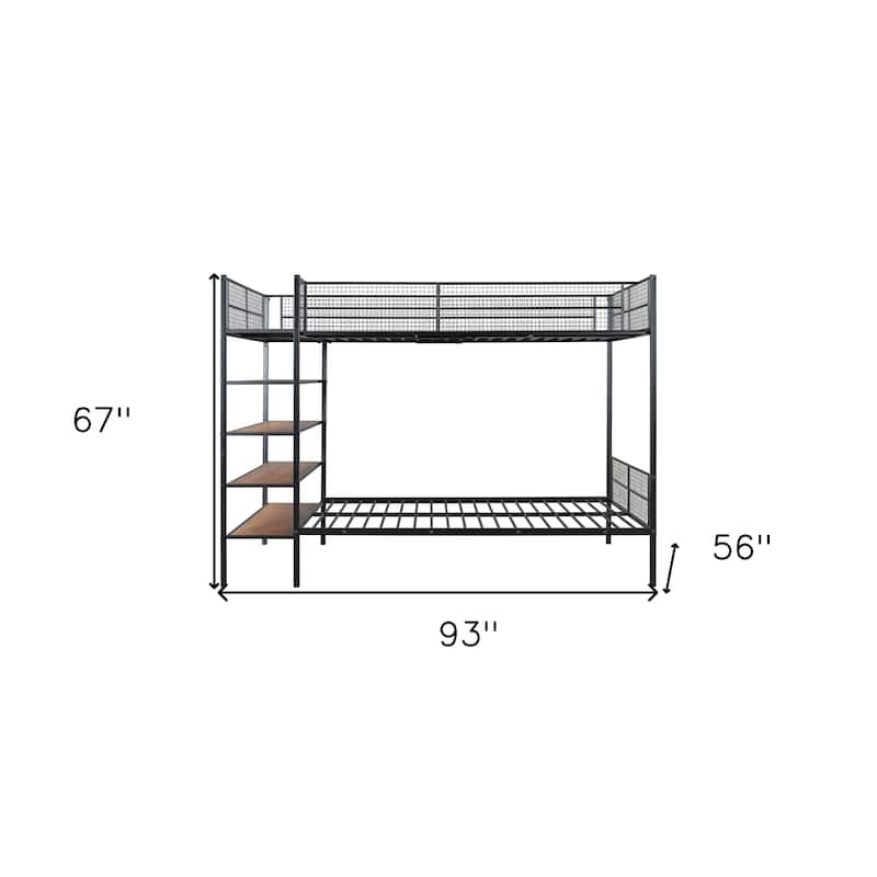 HomeRoots Black Twin Over Full Industrial Metal Bunk Bed With Shelves