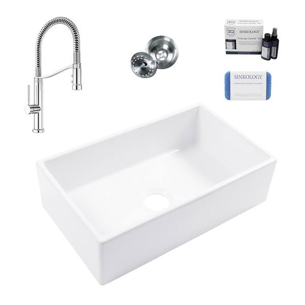 slide 2 of 10, Turner Crisp White Fireclay 30" Single Bowl Farmhouse Apron Front Undermount Kitchen Sink with Bruton Chrome Faucet Kit