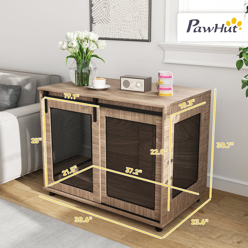 PawHut Dog Crate Furniture, 39" Dog Kennel Furniture End Table with Sliding Barn Door, Dog Cage Table for Large Dogs