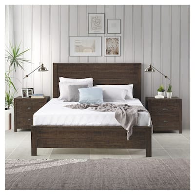 Yes4wood Albany 3 Piece Queen Bed Set, Heavy Duty Solid Wood Queen Size Bed Frame with Bedside Table Set of 2,
