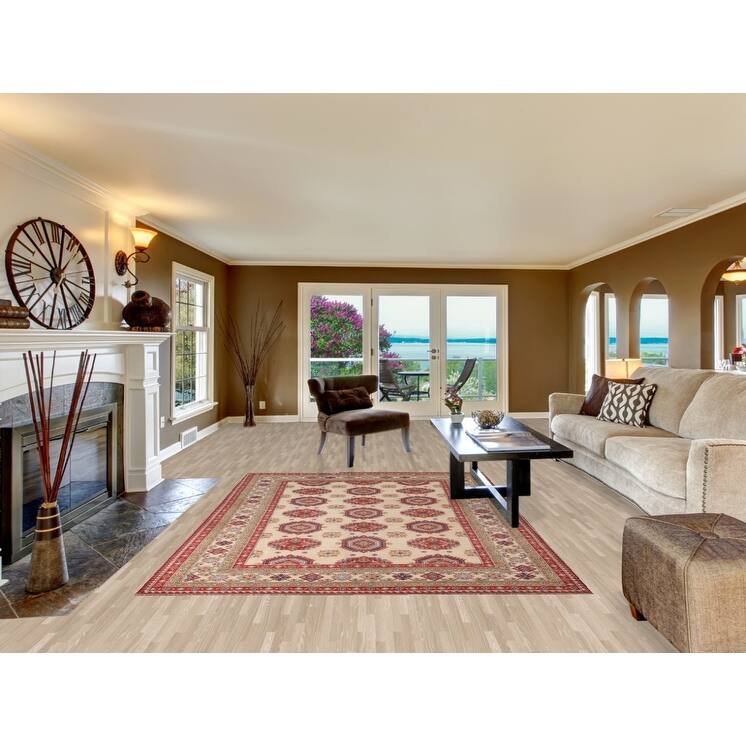 Beige Kazak Area Rug Hand-Knotted Geometric Wool Carpet - 6'6" x 9'2"