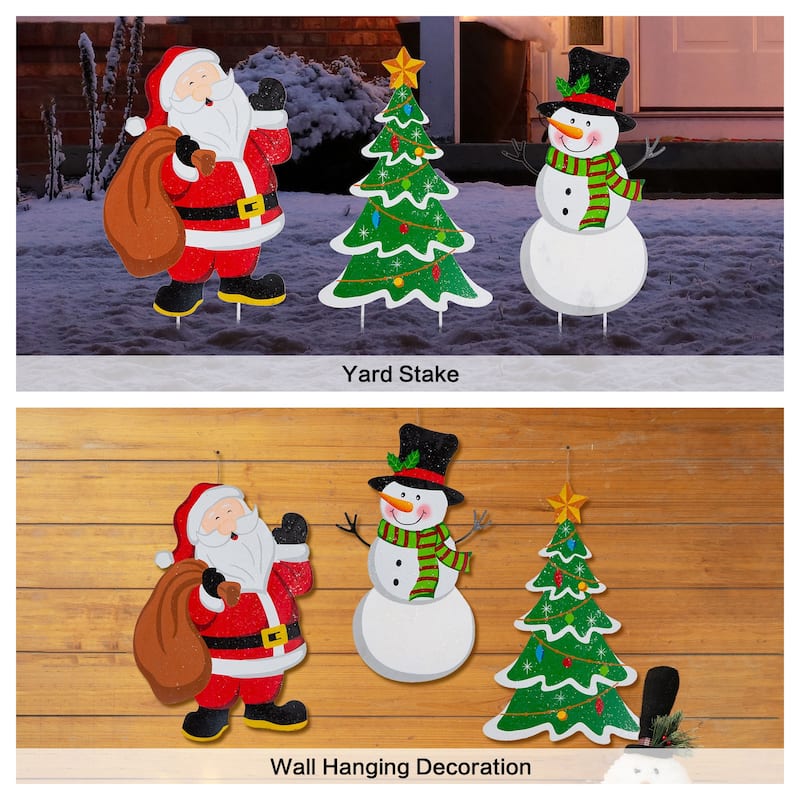 Glitzhome Set of 3 Christmas Metal Santa Snowman Tree Reindeer Candy Cane Yard Stakes Wall Decor