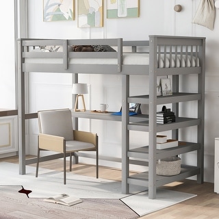 Twin High Loft Bed with Storage Shelves and Desk