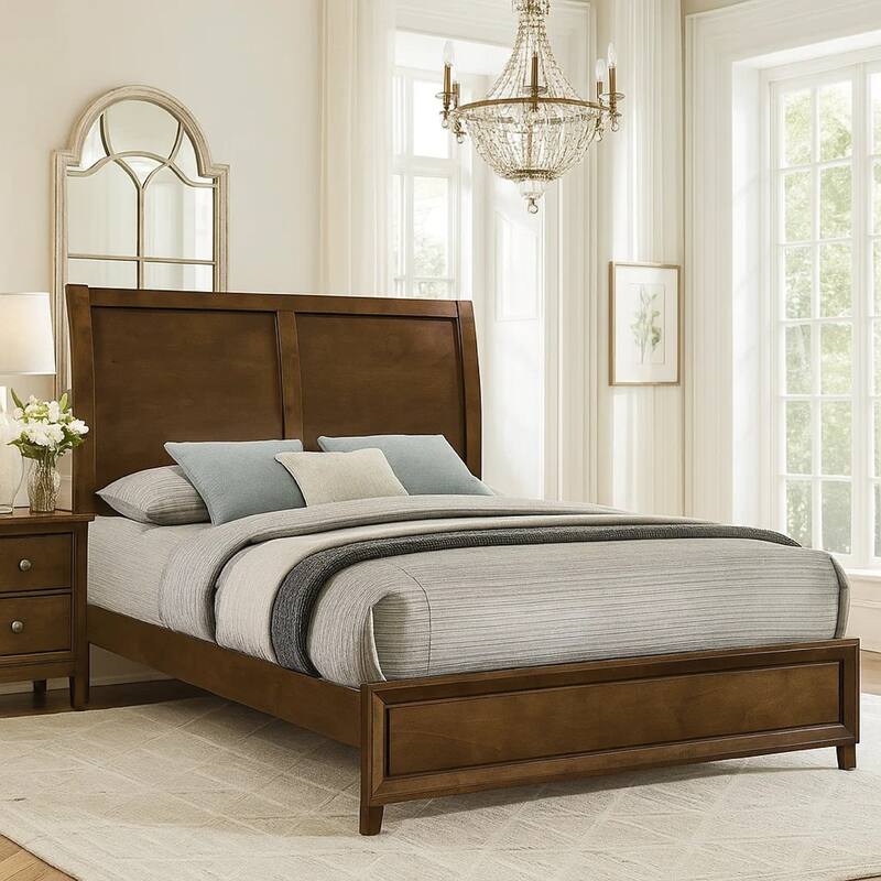 Lary Queen Bed with Sleigh-Style Headboard and Slat Kit, Walnut Brown