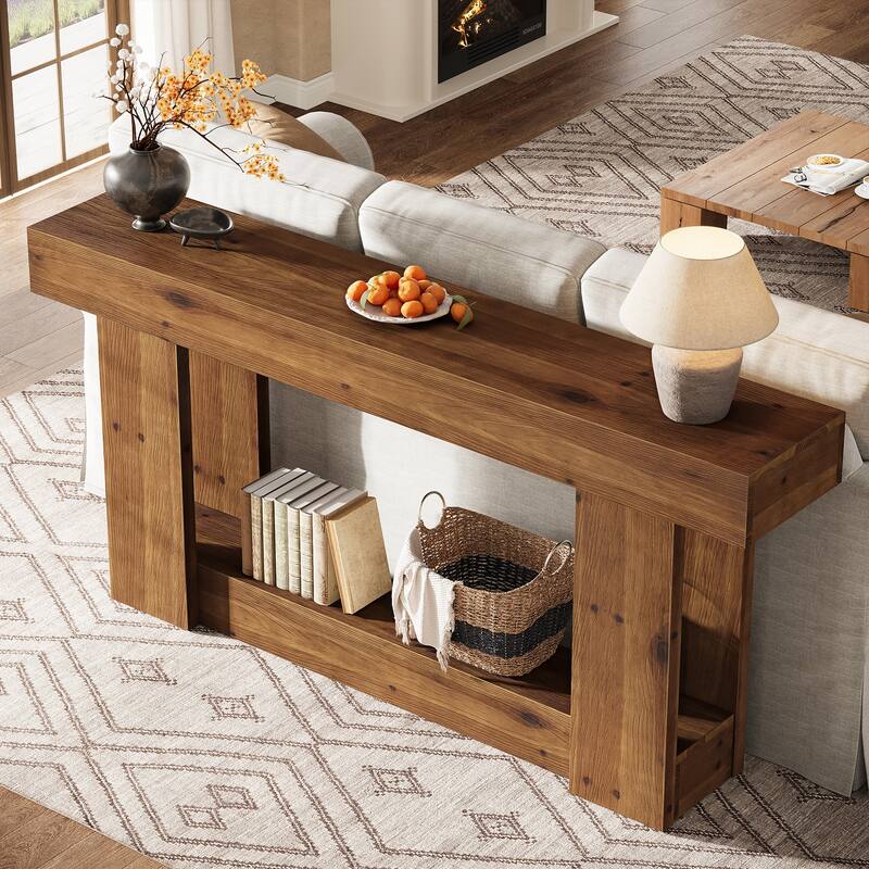 63 Inch Long Solid Wood Console Sofa Table with 2-tier Storage
