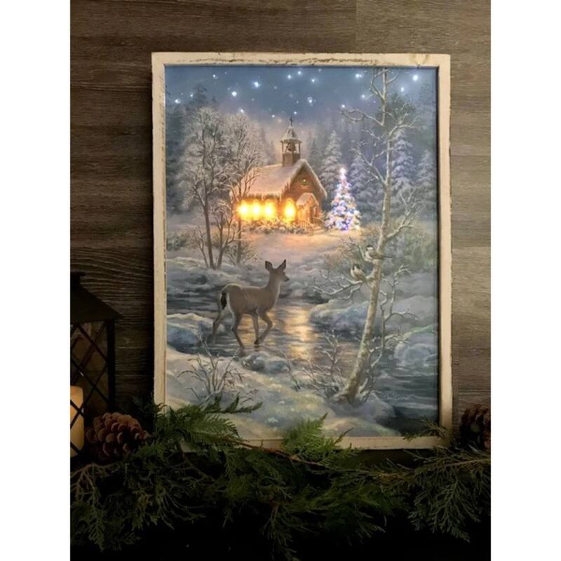 White Blue "The Chapel" LED Christmas Framed Wall Decor 24"x18"
