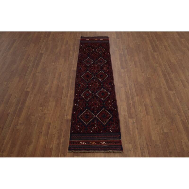 Hand Knotted Oriental 100% Wool Carpet Traditional Tribal Navy Blue & Blues Balouch Runner Rug - 8' 3'' X 2' 1''