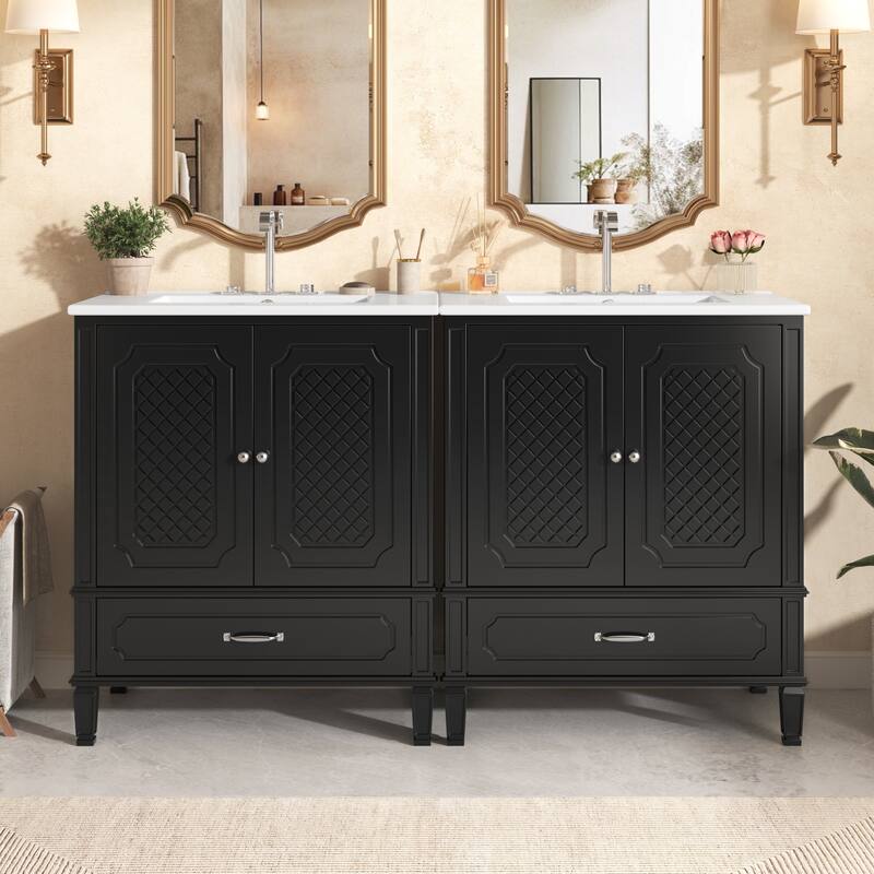 60" Bathroom Vanity with Double Ceramic Sink Combo Set, 2 Free Standing Cabinet with Soft-closing Door Organizers, 2 Drawers - Black