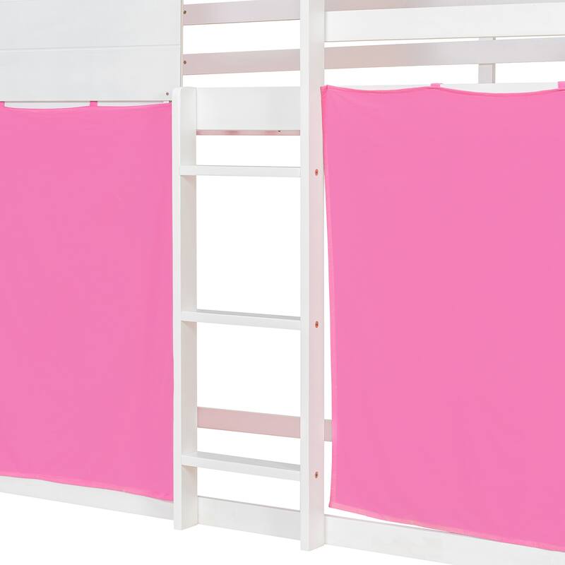 Twin Size Bunk Bed with Playhouse Tent Design and Solid Pine Wood Frame