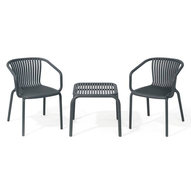 Brene 3-Piece Contract Grade Outdoor Chat Set with side table and 2 stackable lounge chairs.