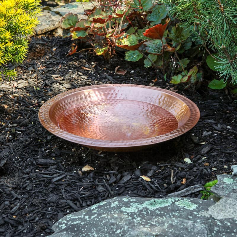 Achla Designs 14" W Round Satin Hammered Solid Copper Birdbath Bowl w/Rim